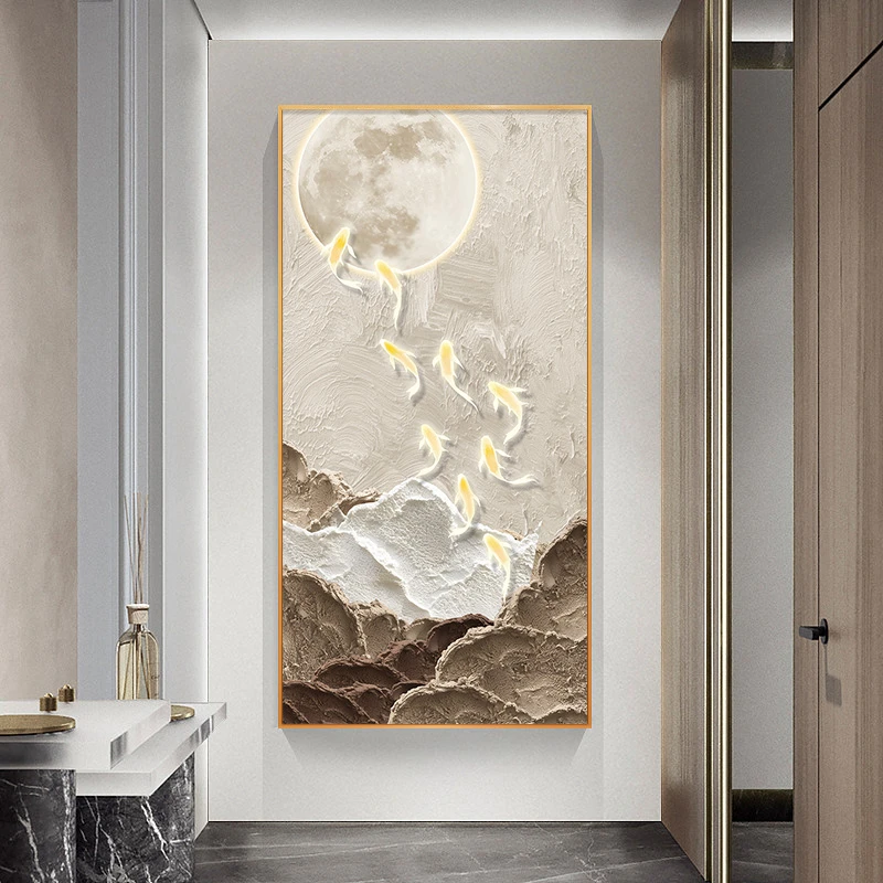 奢玄关画九鱼图装饰画竖版走廊画客厅沙发落地画九鱼80160