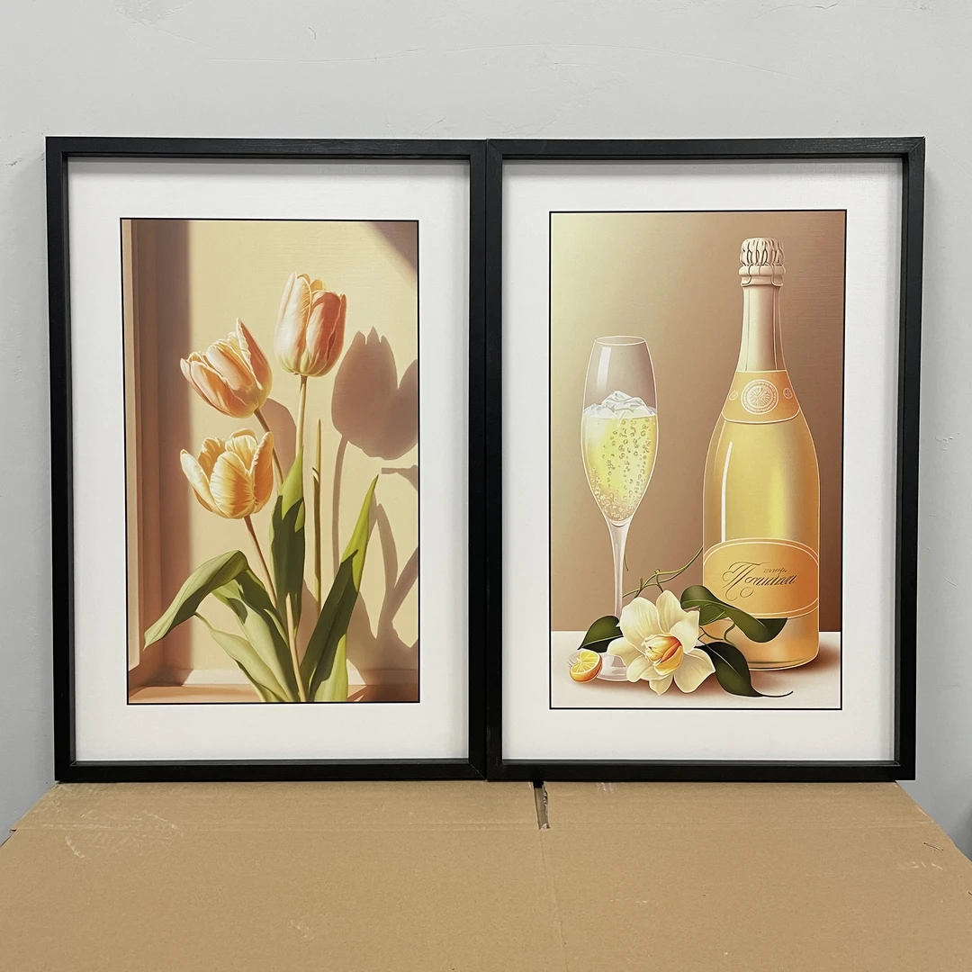 餐厅装饰画现代简约歺厅餐桌背景轻奢油画布挂画香槟两联4060