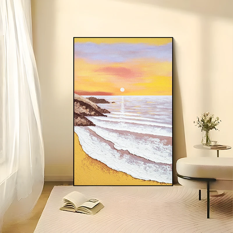 原创手绘油画客厅沙发背装饰画玄关过道挂画立体画海上日出80120