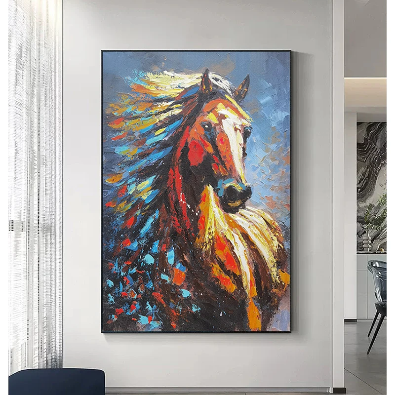 砂岩厚油肌理画 玄关马装饰画 铝合金边框 立体实物轻奢马100150