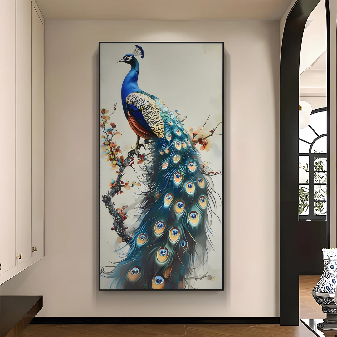 中国风手工镶钻玄关入户装饰画 走廊过道挂画客厅正对门孔雀80160