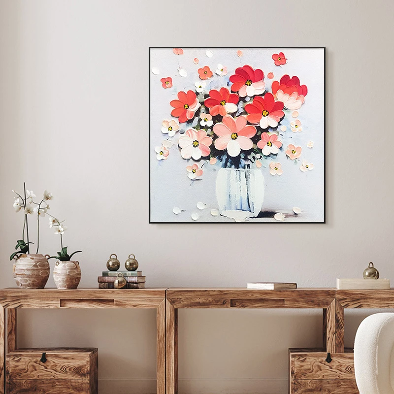 手工餐厅油画花卉立体装饰画肌理感客厅卧室欧式挂画花瓶8080