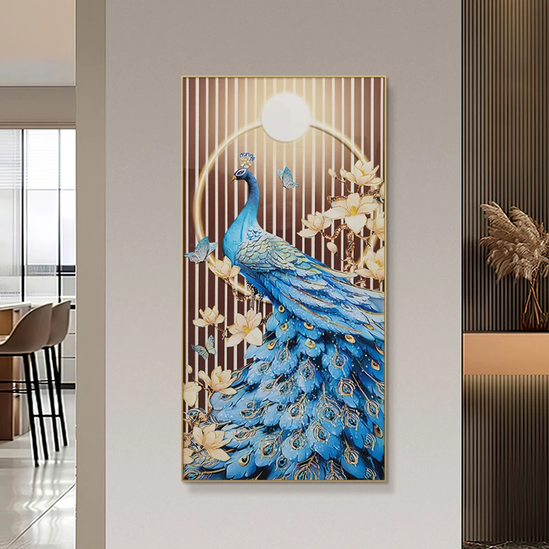 瓷镶钻孔雀入户玄关装饰画客厅竖版挂画沙发落地画孔雀60120义乌
