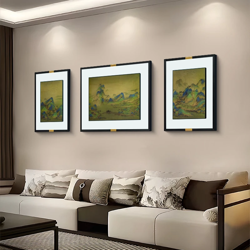 新中式实木框客厅装饰画 沙发背景三联画办公室画千里江山图80220