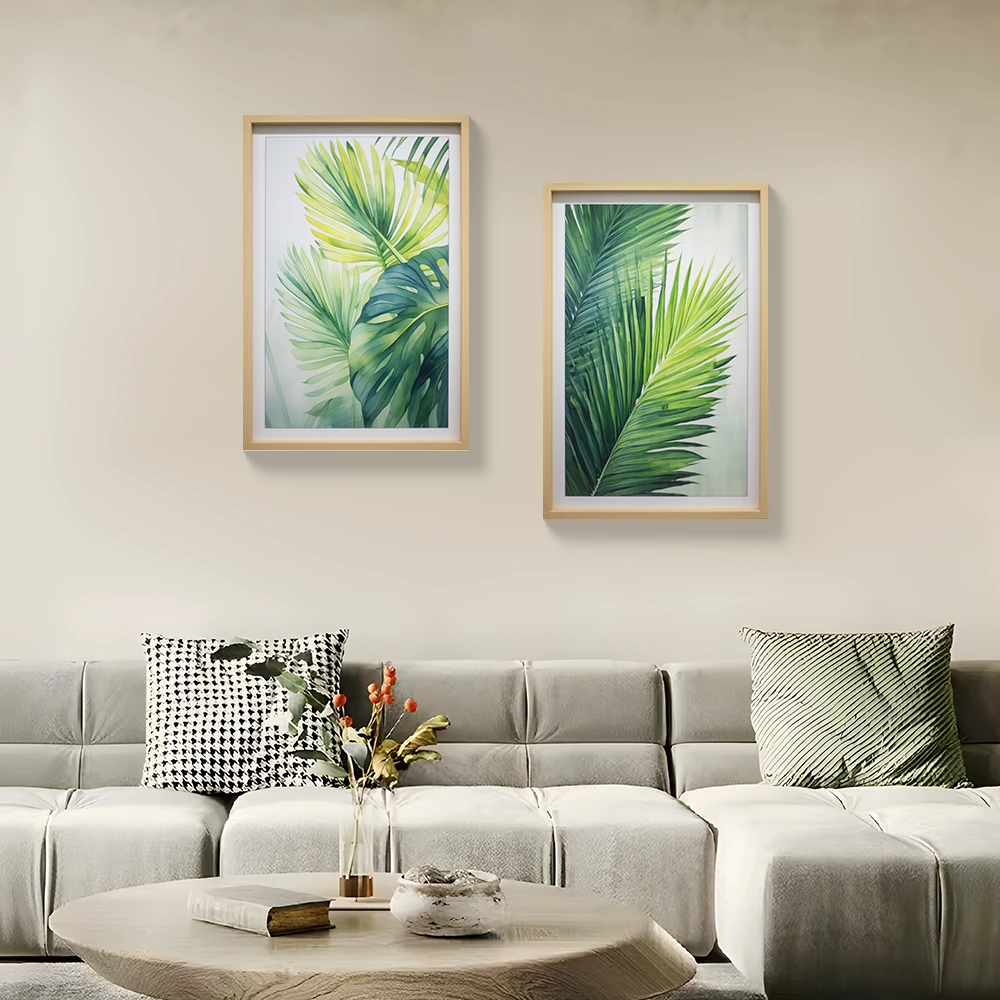 简约轻奢两联画木质边框沙发客厅背景墙挂画卧室餐厅壁画叶子4060