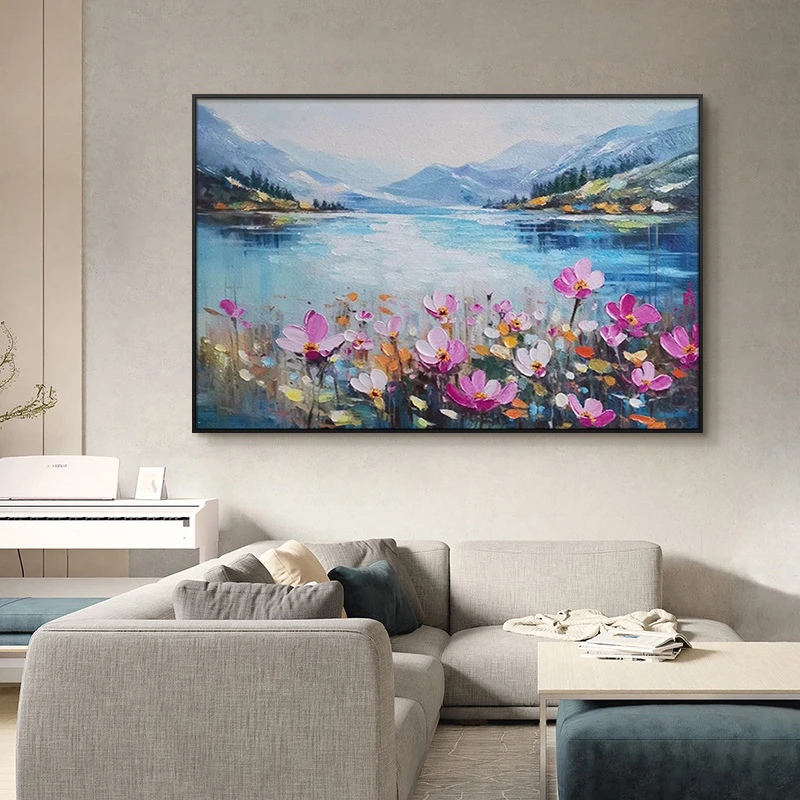 现代小清新山水砂岩油画装饰画玄关走廊过道挂画山水80120