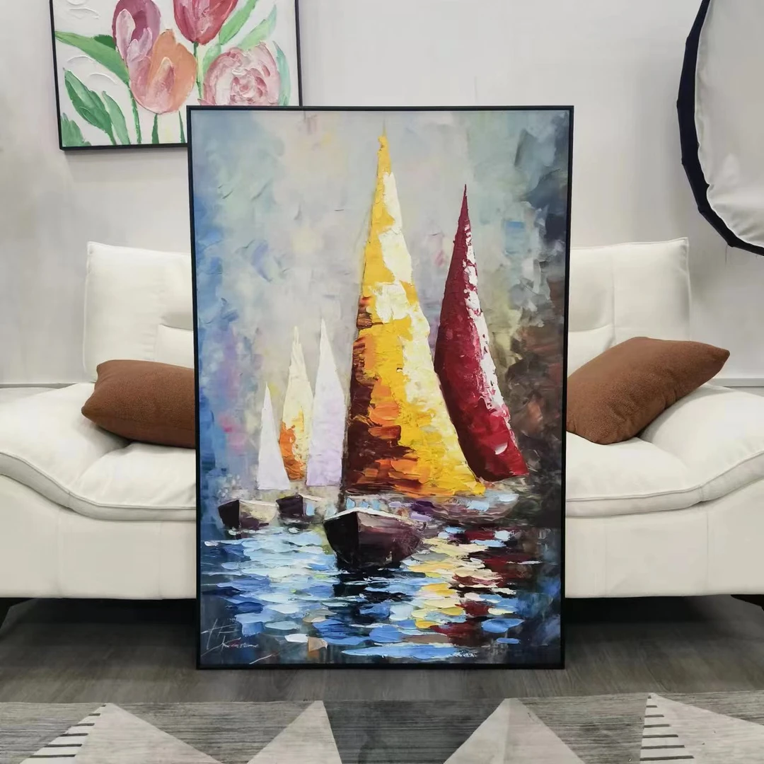 代添笔油画抽象画竖版简约现代装饰画立体艺术挂画帆船80120