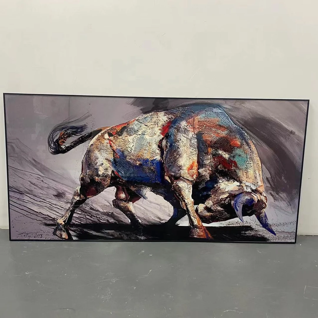 动物入户横款装饰画客厅挂画铝合金边框沙发落地画牛100200