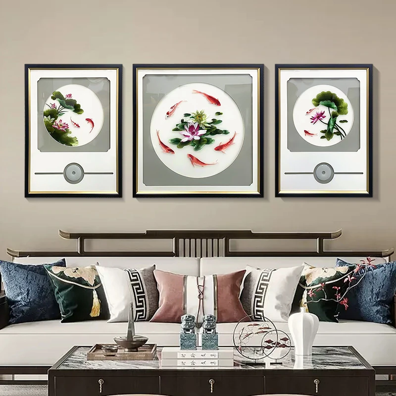 新中式装饰画客厅画沙发背景墙画山水挂画刺绣成品九鱼80200