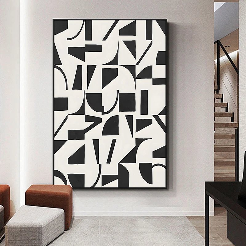 现代晶瓷几何装饰画 铝合金边框沙发背景落地画黑白格子120180