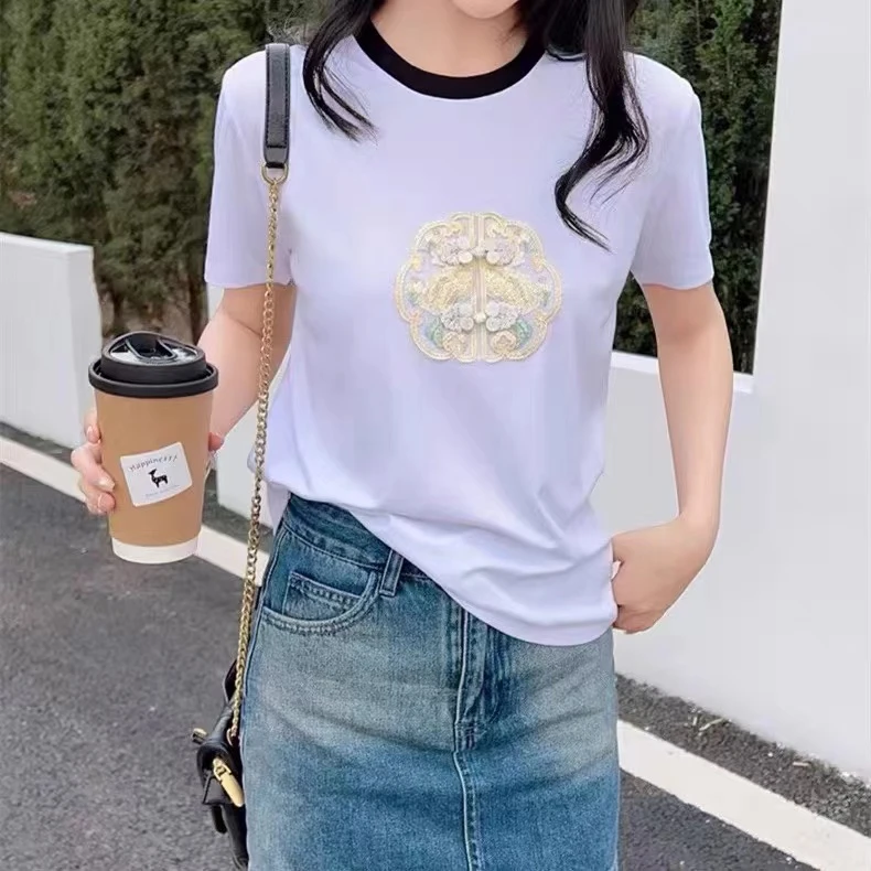 G266-短袖t恤女夏季新中式国风T恤刺绣小个子上衣G3-5