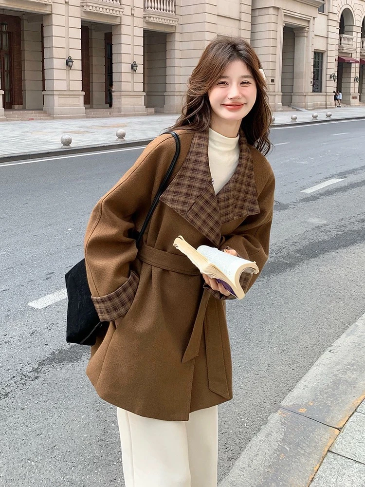 呢料外套加厚款腰带款气质修身显瘦