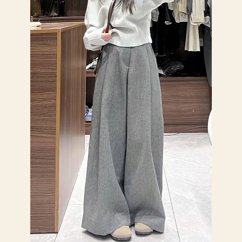 NUMEN BUTTON/灵扣灰色慵懒拖地休闲西装裤高腰直筒阔腿长裤时尚