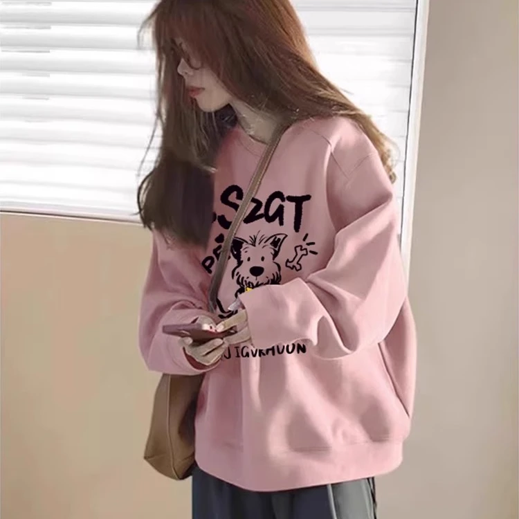 大码300斤小狗印花韩系粉色卫衣男女秋冬设计感oversize无帽上衣
