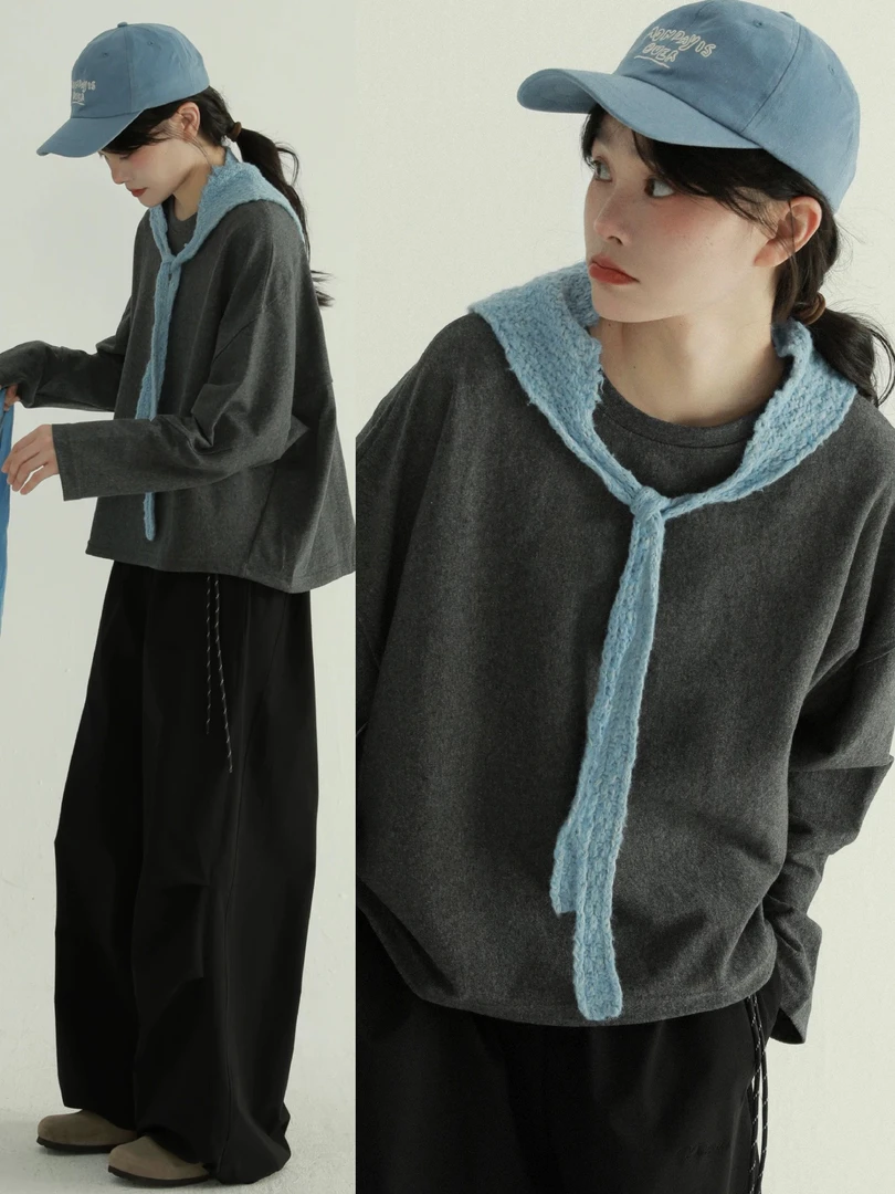 【清仓no退换】圆领短款薄卫衣t恤简约纯色圆领套头百搭打底衫新款