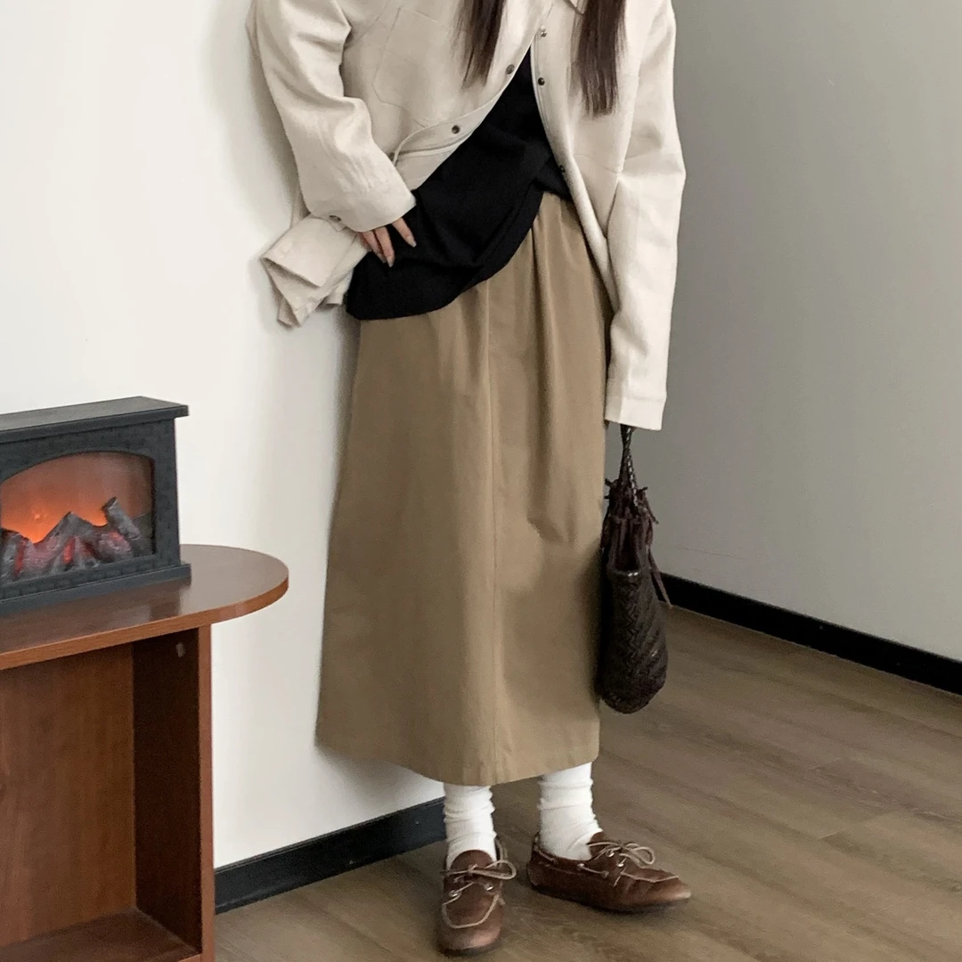 【清仓no退换】软廓有质感 磨毛水洗棉过膝纯棉A字百搭半身裙女