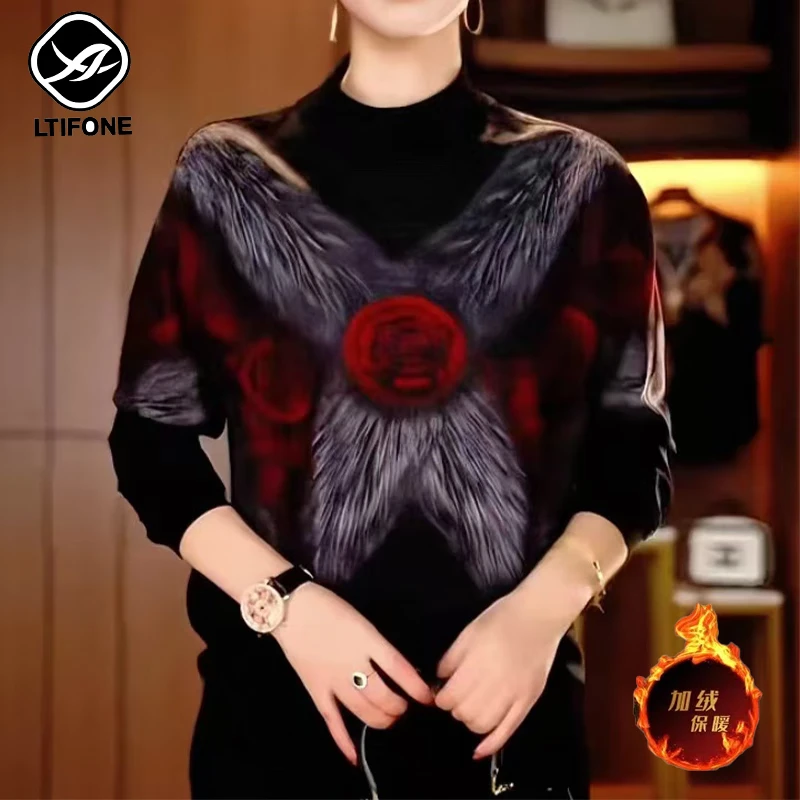 2024新款加绒加厚印花针织T恤女士秋冬新款时尚洋气保暖打底衫