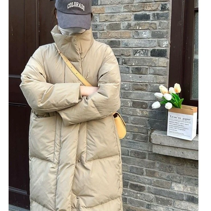 长款过膝韩版宽松版型冬加厚90白鸭绒面包服外套休闲时尚