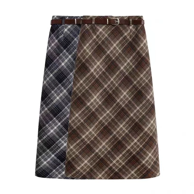 复古毛呢格子中长款半身裙秋冬高腰显瘦a字裙百搭包臀裙显瘦短裙