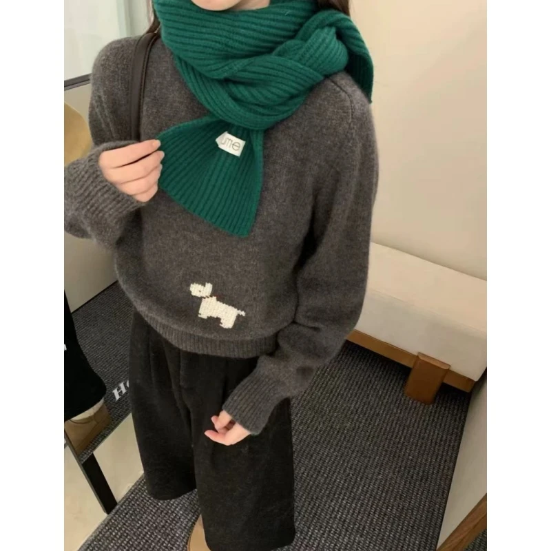 韩版秋冬内搭加厚密林灰下摆提花贵宾狗长袖圆领毛衣女