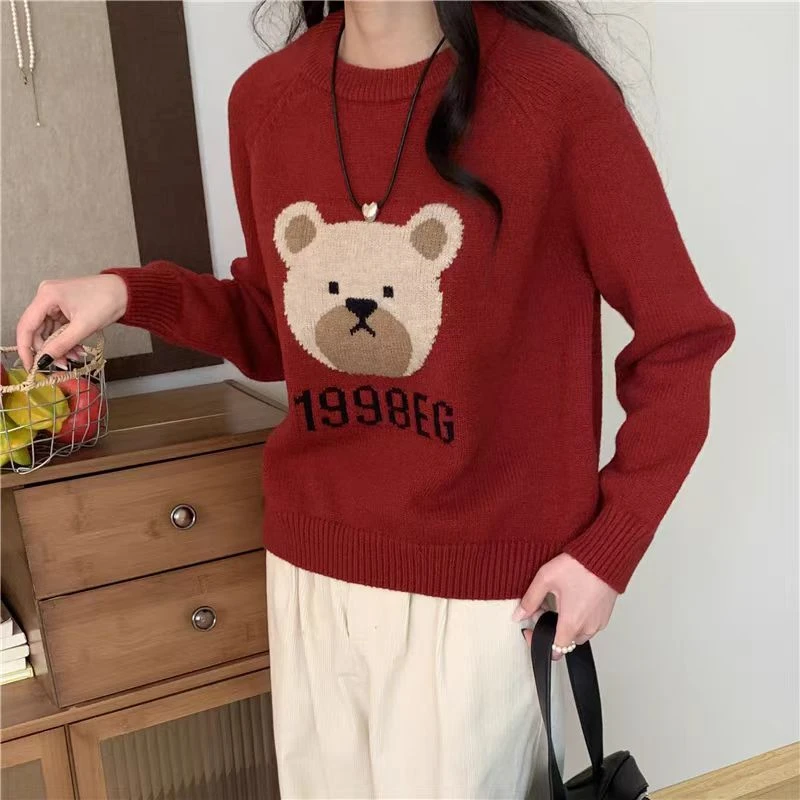 提花红色小熊字母提花针织套头毛衣加厚韩版1998
