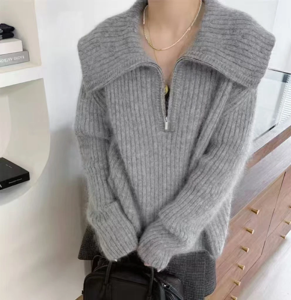 设计师新品大翻领宽松韩版针织套头娃娃领毛衣女