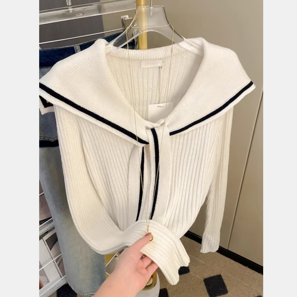 秋冬新品韩系海军领抽绳长袖纯色基础打底套头毛衣女