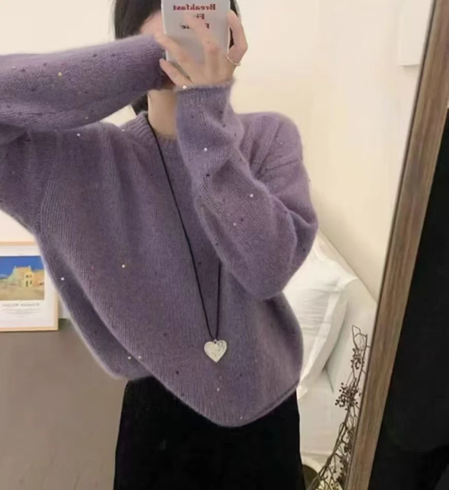 温柔软糯气质新品秋冬加厚韩系紫色亮片针织套头宽松毛衣
