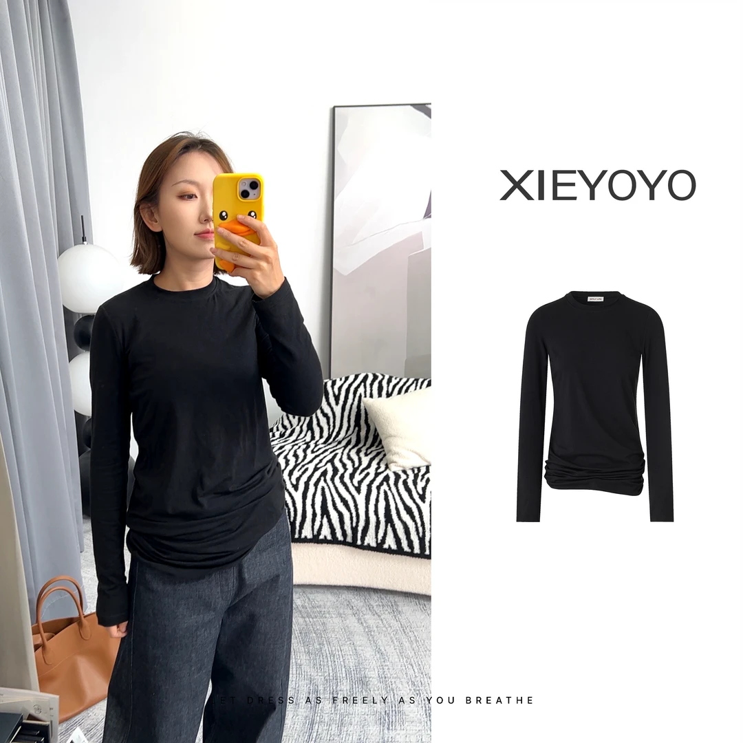 XIEYOYO简约宽松圆领长袖上衣修身直裁慵懒极简纯色设计师长袖