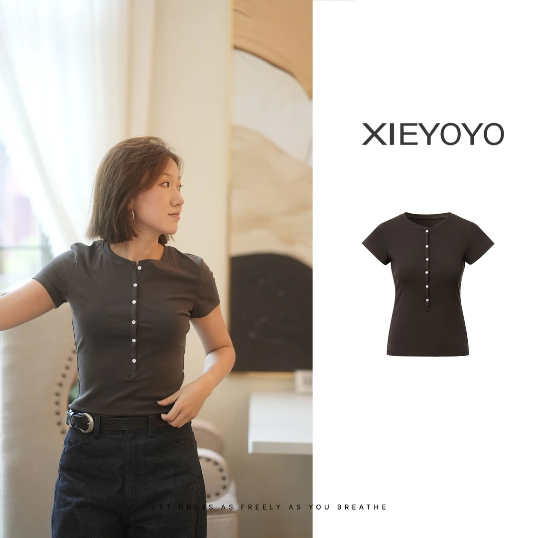 XIEYOYO亨利领修身赛锣棉T恤春夏设计师圆领轻奢针织纯色显瘦T恤