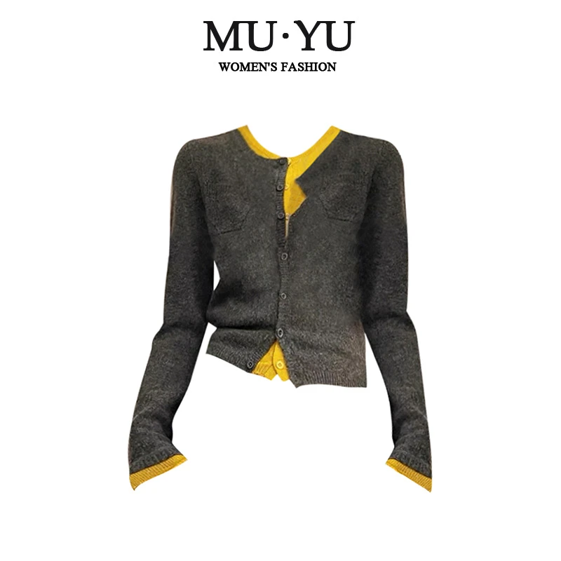 韩系氛围感假两件长袖针织开衫女秋时尚慵懒撞色拼接圆领百搭上衣