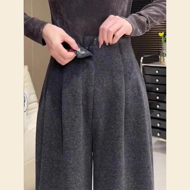 NUMEN BUTTON/灵扣灰色秋冬季2024新款流行宽松直筒加绒裤西装裤