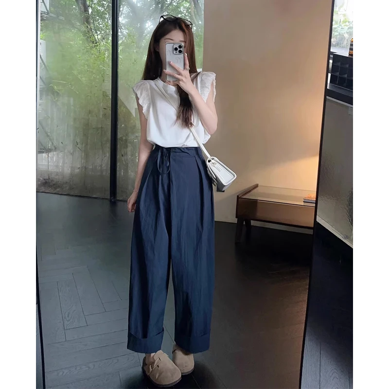高腰显瘦休闲阔腿裤女爆款胖MM大码设计感别致小个子直筒洋气裤子