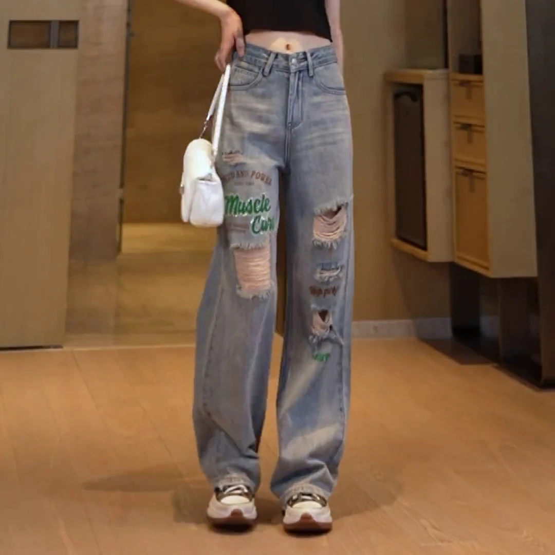 2025年夏季新款潮牌阔腿裤破洞牛仔裤女高腰显瘦宽松百搭直筒长裤
