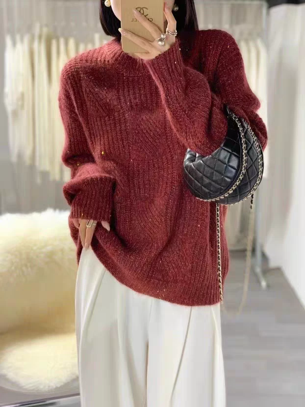 欧洲站  冬季新款亮片蜜熊绒羊毛加厚麻花针织衫时尚网红百搭