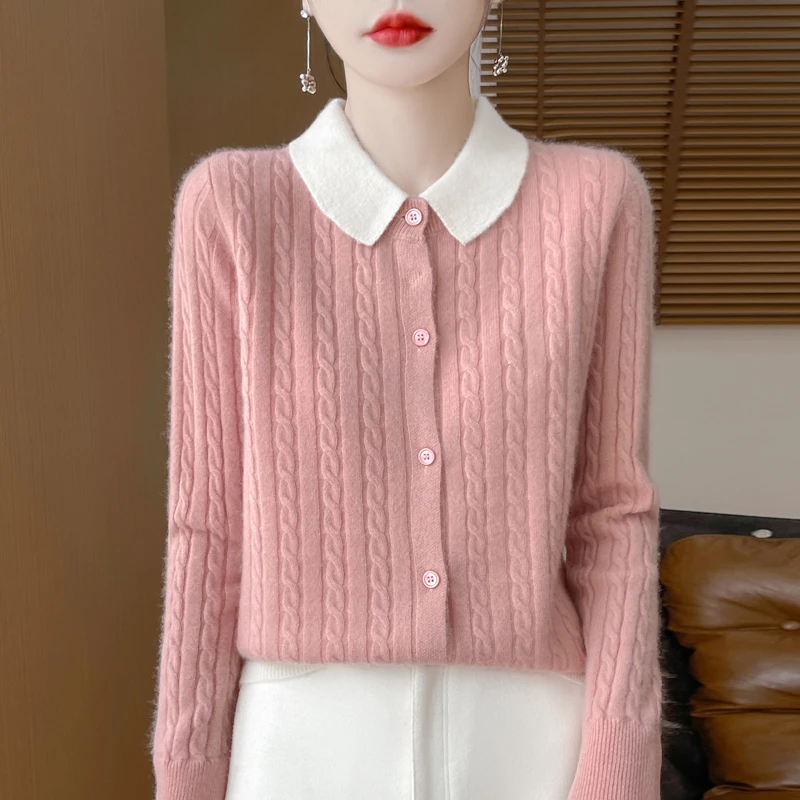 时髦气质~秋冬新款翻领绞花女撞色羊毛针织开衫外套毛衣