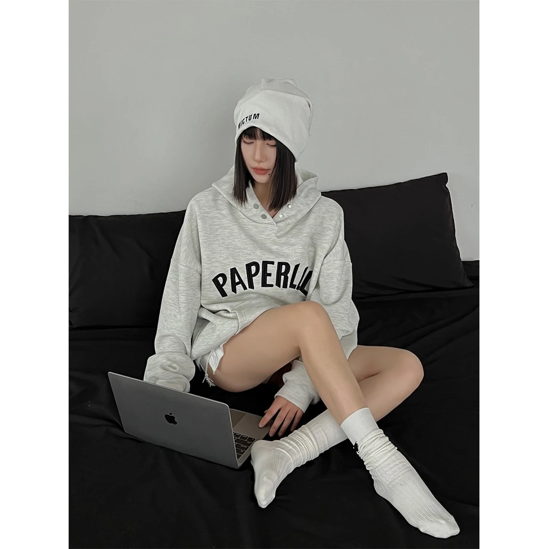 P0211Y2521 连帽卫衣春秋款女港味花灰色oversize上衣