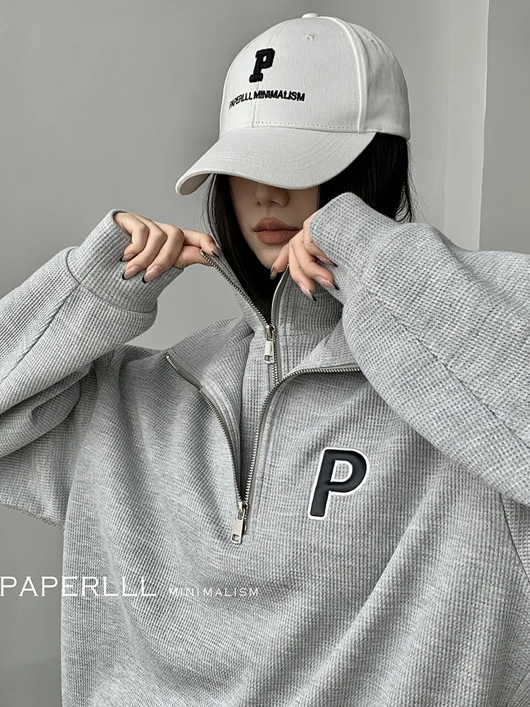 P1201Y2434 秋冬感双层拉链高领logo卫衣女ins感上衣