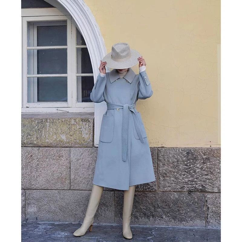 Ching's 冬季保暖100澳洲绵羊毛外套 通勤百搭婴儿蓝双面呢大衣厚