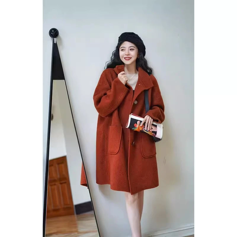 Chings 法式复古双面呢外套 小高领宽松藏肉秋冬保暖毛呢大衣