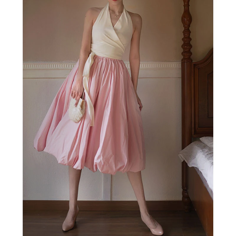 Ching's 赫本风高腰优雅马卡龙色大摆裙 松紧腰A字太阳裙伞型半裙