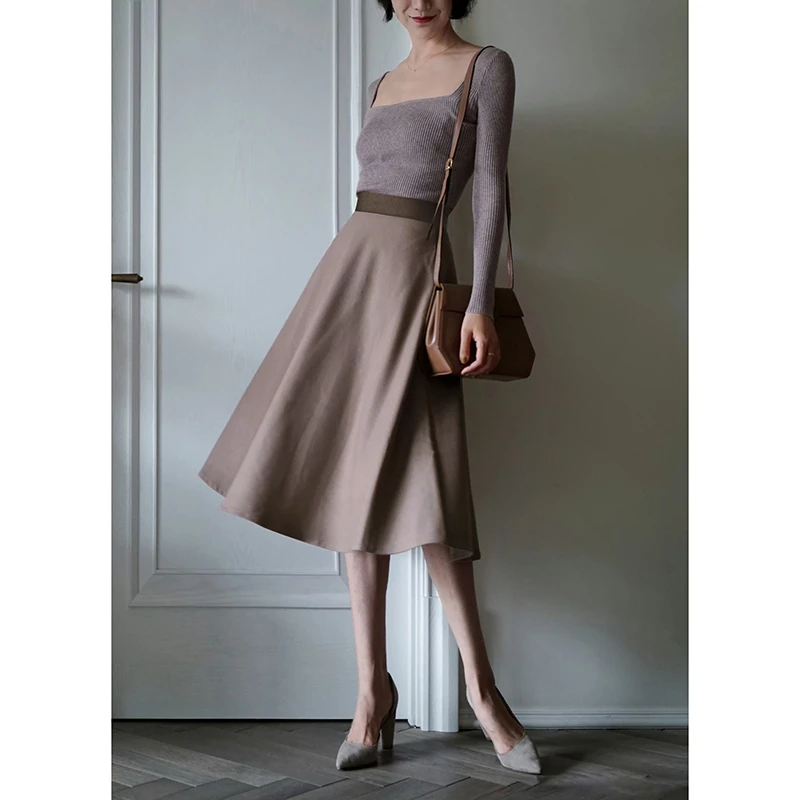 Ching's复古驼色免烫高腰毛呢伞裙撞色大摆a字中长款半身裙秋女
