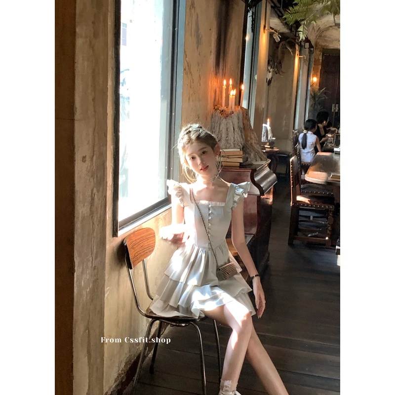 迟伞伞 24/ss 薄荷布蕾 曼波灰绿花边袖洋气少女蛋糕连衣裙短裙夏