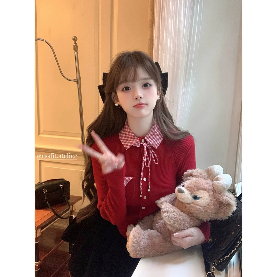 迟伞伞24/fw 圣诞纪念日 假两件红格纹针织开衫蝴蝶结丝绒裙裤女