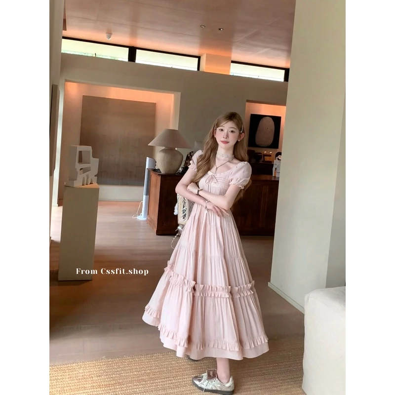 迟伞伞 24/ss 浪漫氛围感 栀子粉花边抓襟系带温柔时髦连衣裙长裙