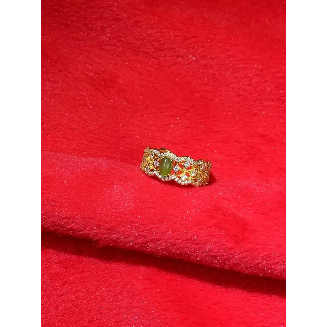 天然和田玉猫眼碧玉古法镂空工艺花丝戒指-HS-ZLX145