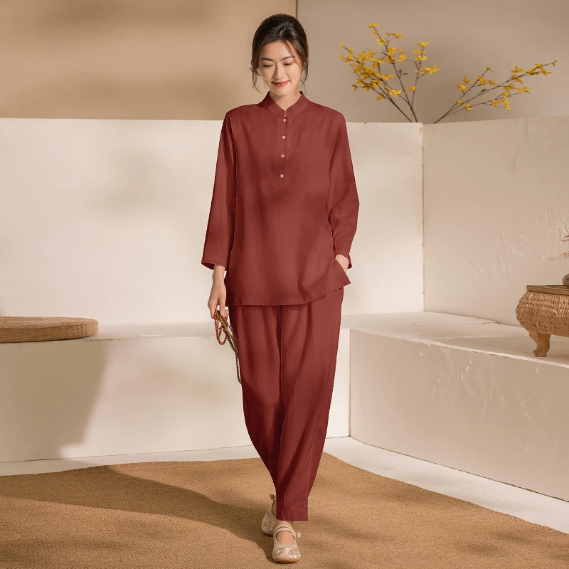 美愫棉麻瑜伽服套装女秋冬加绒保暖禅服打坐冥想长袖国风居士服