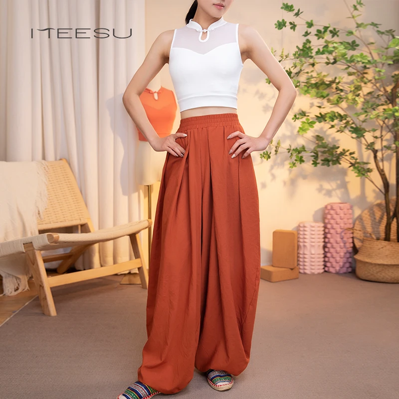 美愫瑜伽服套装中国风短款修身网纱透气舞蹈训练服休闲宽松灯笼裤