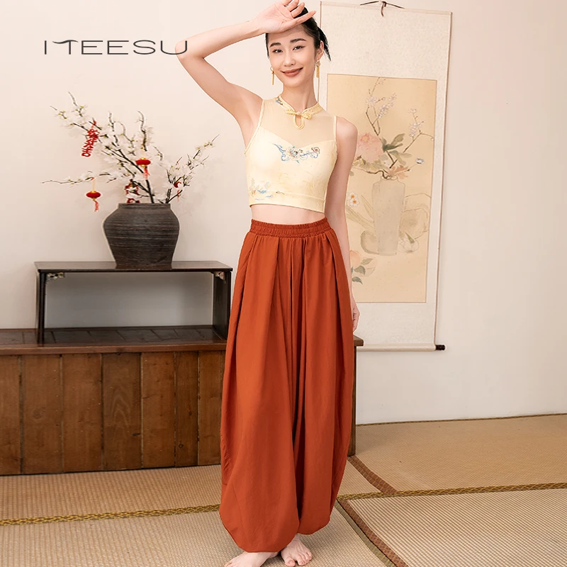 美愫中国风瑜伽服套装古典舞蹈运动普拉提短款网纱轻薄灯笼瑜伽裤