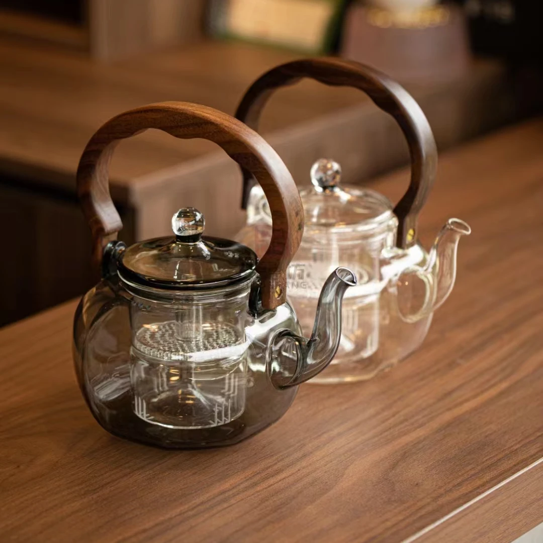 品德坊耐热新款煮茶器玻璃家用茶壶耐高温泡茶烧水壶野生山核桃木